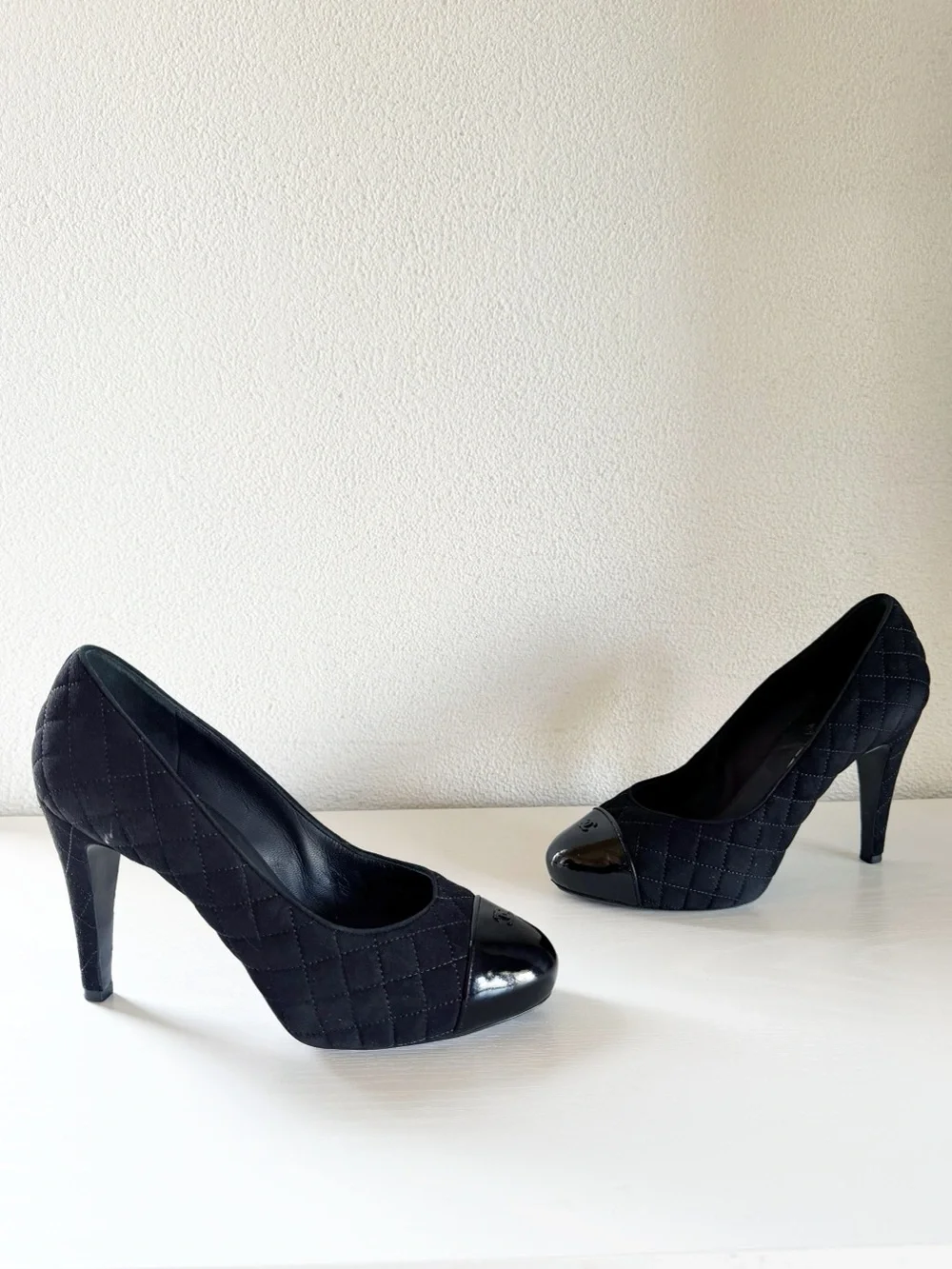 Chanel Black Quilted Suede Patent CC Cap Toe Platform Pumps EU 39